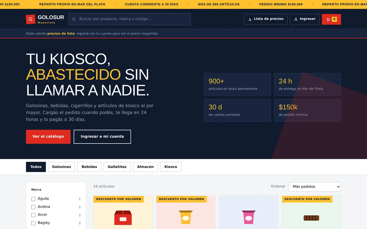 Demo de Golosur: distribuidora mayorista con catálogo y cuenta corriente