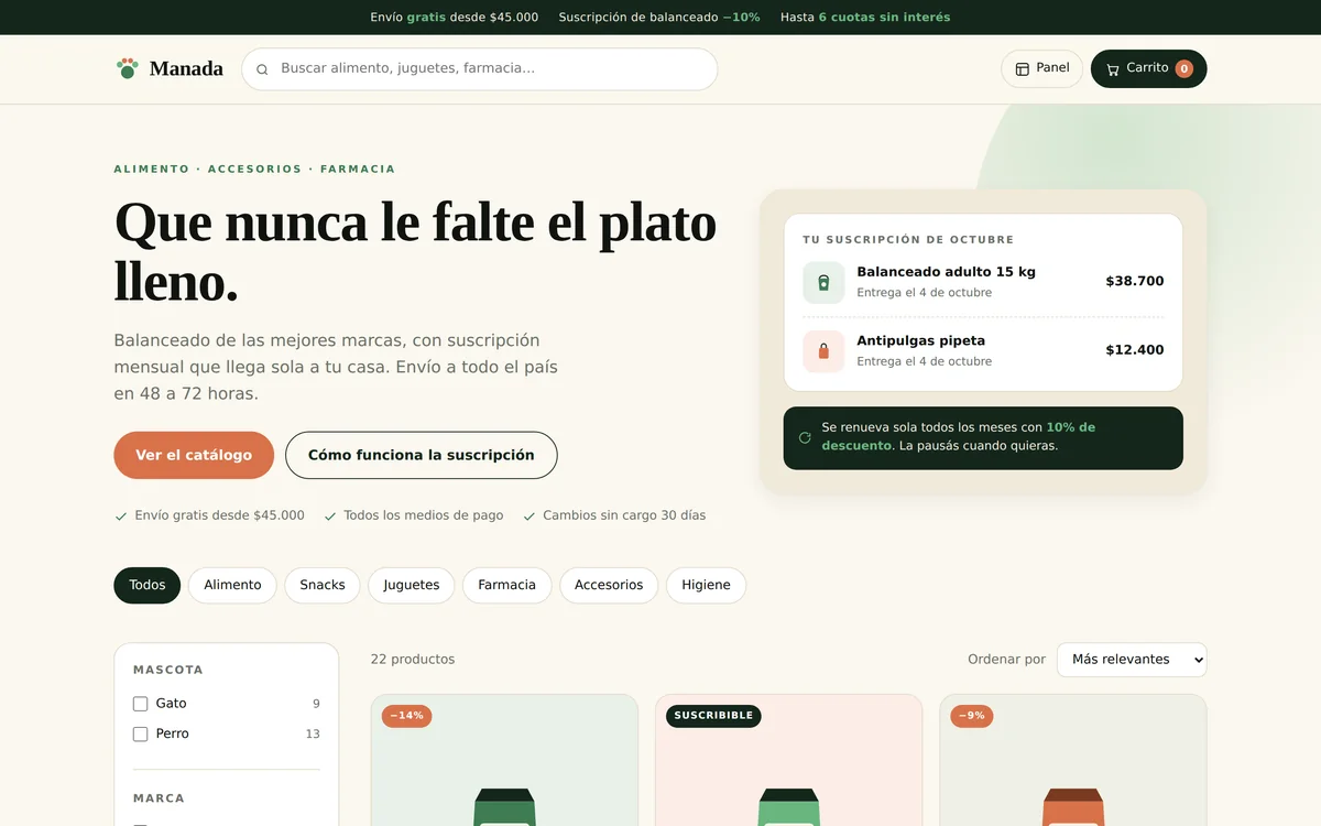 Demo de Manada: alimento por suscripción con envío
