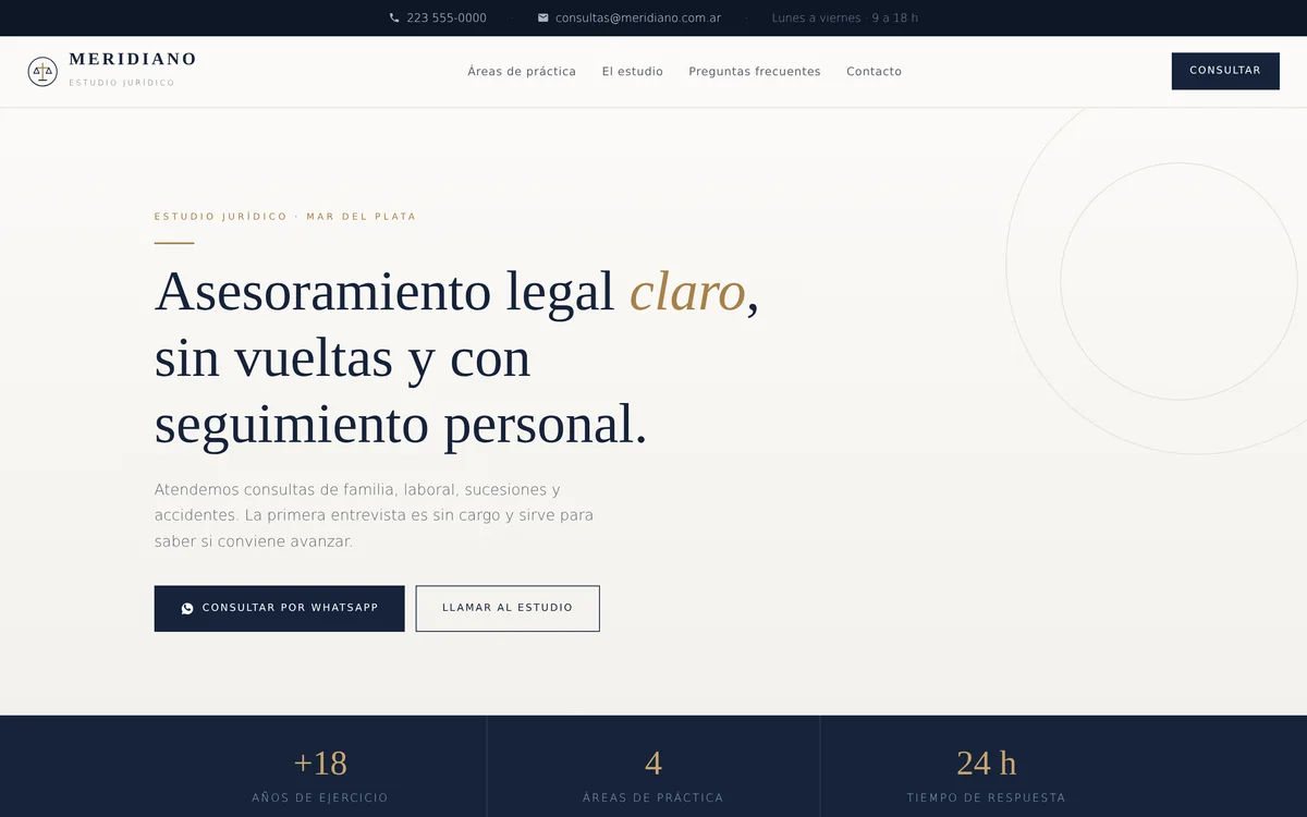 Demo de Meridiano: consulta por whatsapp y áreas de práctica