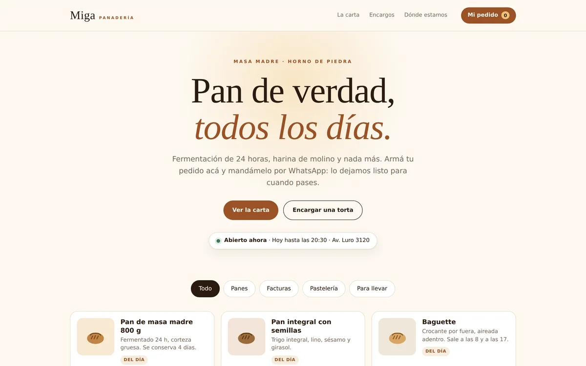Demo de Miga: panadería con pedidos por WhatsApp
