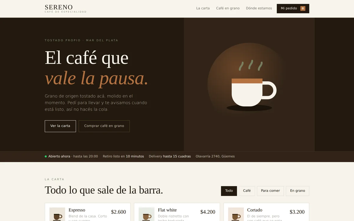 Demo de Sereno: menú, café en grano y pedidos